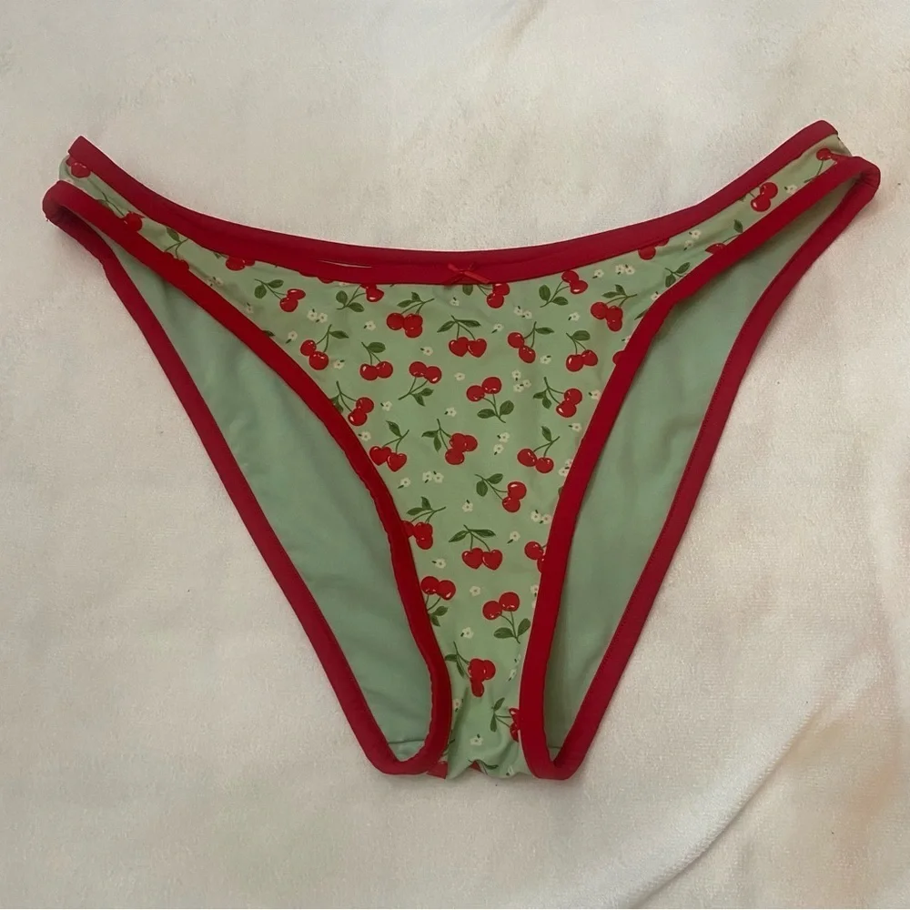 New! Frankie's Bikinis Cherry Print golden hour Bikini Bottoms Green 1102